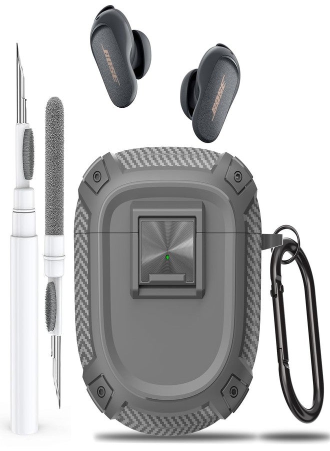 Olytop for New Bose QuietComfort Earbuds II (2022) / Ultra (2023) Case Cover with Lock Clip&Cleaner kit Pen, Rugged Shockproof Protective Hard Skin with Carabiner Men Women for Bose QC 2 - Grey